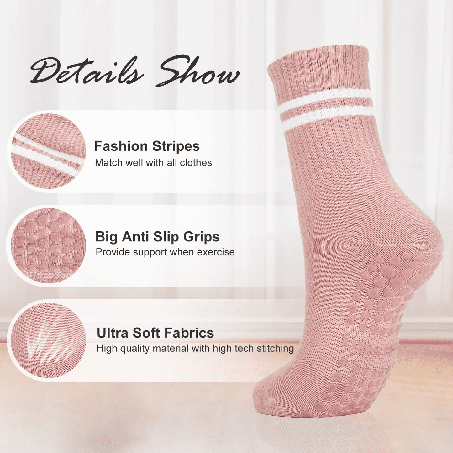 3 Pairs Long Pilates Grip Socks 